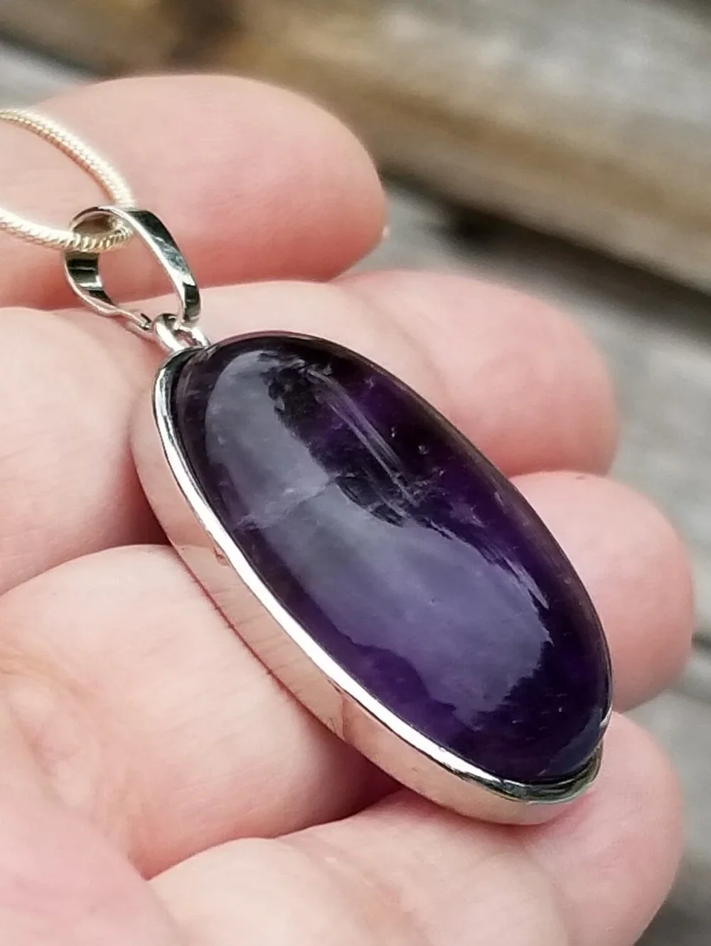 Sterling Silver Large Oval Amethyst Cabochon Pendant Necklace, Amethyst Jewelry